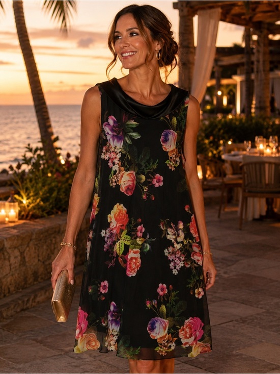SLNY Dresses & Skirts - SLNY Floral Chiffon Overlay Shift Dress Size 16 Black Cowl Neck Cocktail Dress